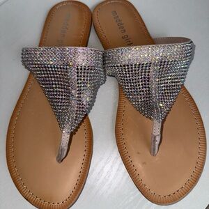 Madden Girl Tan Thong Sandals with Iridescent Crystal Upper NEW
